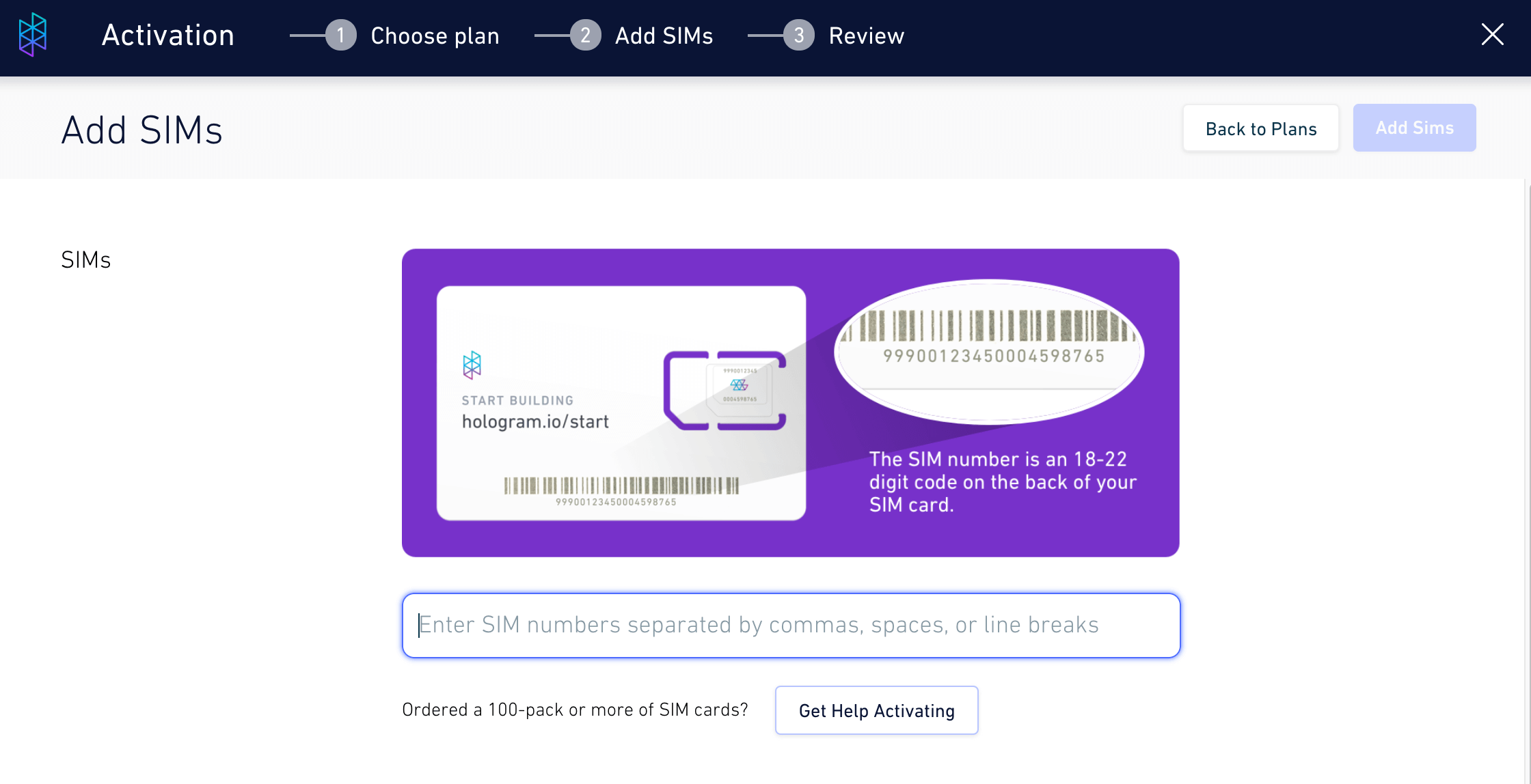 Add SIMs in Activation Form